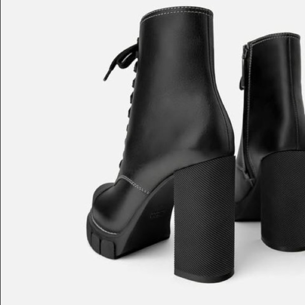 Zara Leather High Heel Ankle Boots Lug Soles Black - Picture 4 of 10